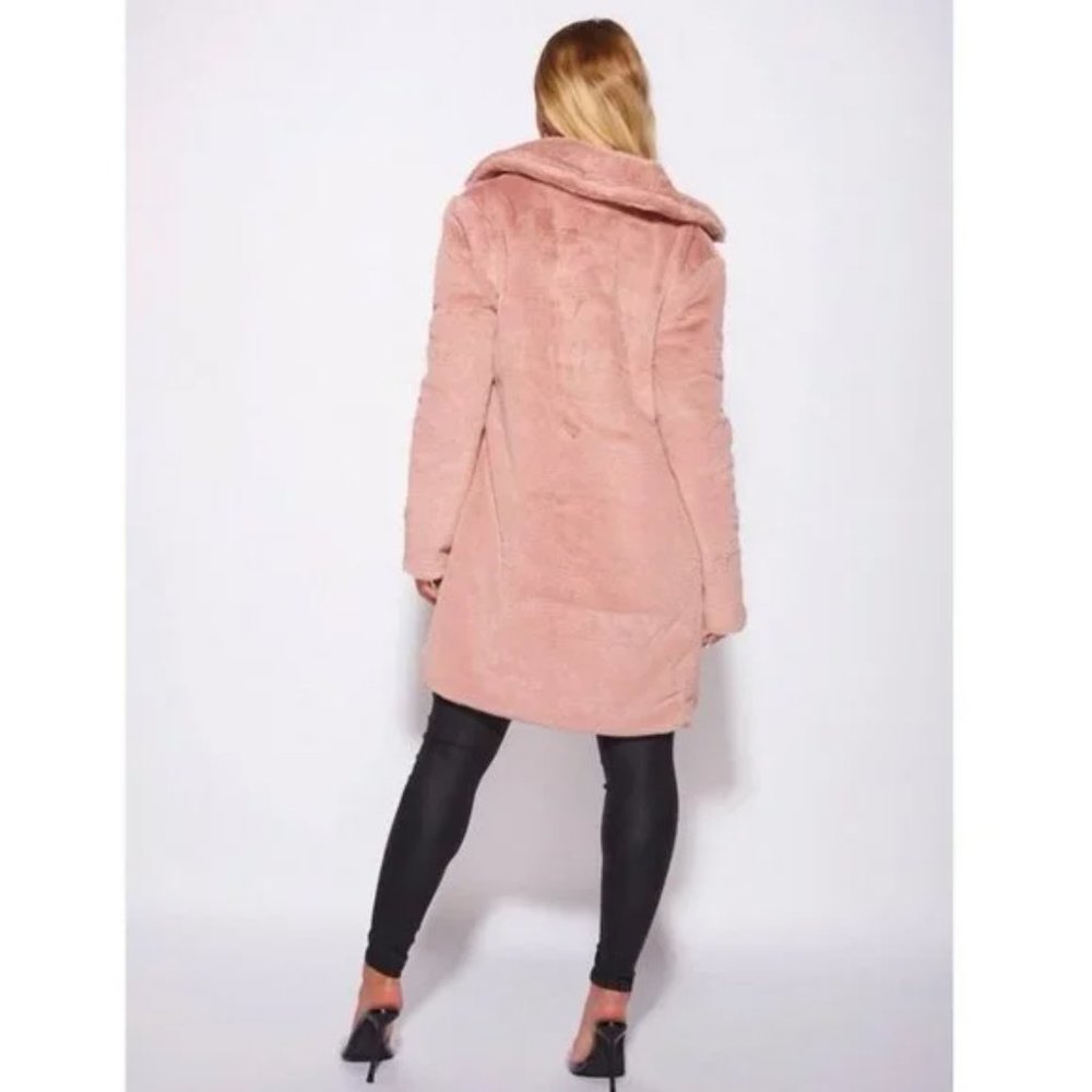 Pink Faux Fur Long Sleeve Lapel Collar Loose Fit Oversized Coat - Picture 8 of 17